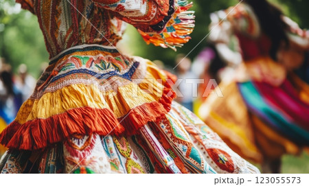 Dancers in vibrant traditional dresses perform energetically at a summer festival, surrounded by greenery and onlookers enjoying the lively atmosphere. 123055573