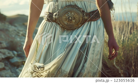 A woman walks gracefully through a rocky landscape, her flowing dress billowing with the wind while the sun sets in the background. 123055616
