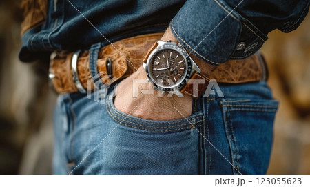 A man dressed in a denim shirt and jeans highlights a brown leather strap watch while standing casually with hands in pockets. A man dressed in a denim shirt and jeans highlights a brown leather strap watch while standing casually with hands in pockets. 123055623