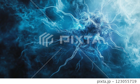 An intricate formation of swirling blue energy pulses in a dark background, showcasing dynamic movement and a captivating cosmic glow, evoking a sense of mystery and depth in the universe. 123055719