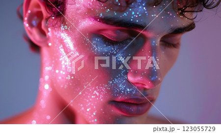 A close-up portrait of a man with glitter makeup on his face. The light reflects off the glitter, creating a shimmering effect. 123055729