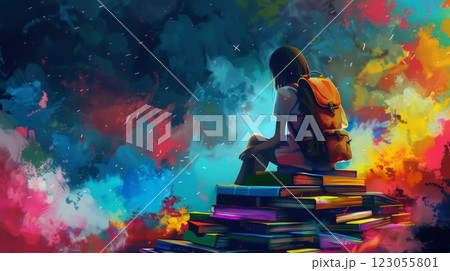 A girl with a backpack sits contemplatively on a stack of books, surrounded by a burst of colorful abstract patterns, evoking imagination and creativity. 123055801