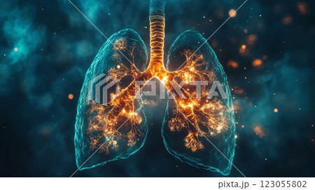 Intricate glowing human lungs are set against a mystical backdrop of swirling mist and sparkling particles, visually representing the essence of respiratory health. 123055802