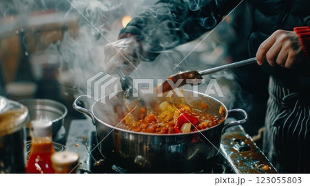A person stirs a pot of colorful vegetable stew, surrounded by steam, creating a warm atmosphere in a cozy kitchen. 123055803