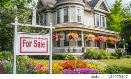 A charming historic house stands for sale, surrounded by colorful flowers and lush greenery. The inviting porch features hanging plants, creating a picturesque scene that attracts potential buyers. A charming historic house stands for sale, surrounded by colorful flowers and lush greenery. The inviting porch features hanging plants, creating a picturesque scene that attracts potential buyers. 123055807