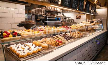 A tempting array of pastries and desserts is showcased in glass displays at a bustling bakery, attracting customers with vibrant colors and delightful treats. 123055843
