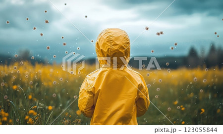A young child stands with their back to the viewer, wearing a cheerful yellow raincoat while surrounded by a vibrant meadow of blooming flowers. The dramatic sky overhead hints at a spring rain. 123055844