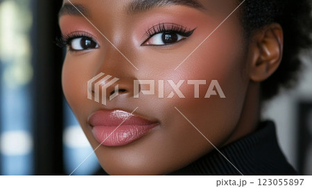 A confident woman highlights her flawless makeup, featuring striking eyeliner and a soft lip color, captured in bright, natural light. Her warm expression adds charm to the overall look. 123055897