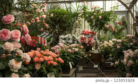 Colorful roses in various shades fill a greenhouse, surrounded by lush greenery and natural light streaming in. 123055929