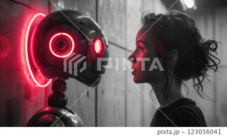 futuristic robot with glowing red eyes 123056041
