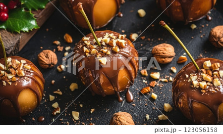Delicious chocolate-covered apples topped with nuts are arranged on a dark surface, surrounded by festive elements and garnishes. 123056158