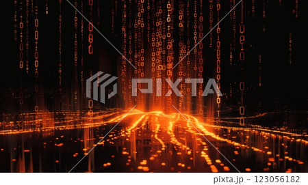 Orange binary code falls like rain over a glowing, digital landscape. 123056182
