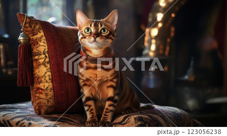 A Bengal cat with striking patterns sits gracefully on an ornate cushion, its bright eyes reflecting curiosity 123056238