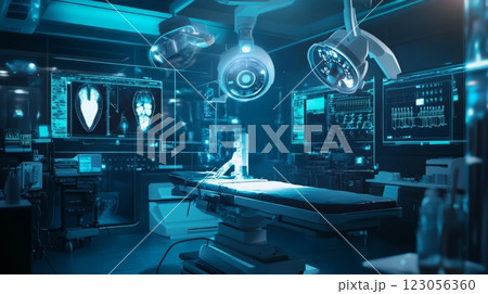A state-of-the-art surgical operating room features advanced lighting and diagnostic monitors 123056360