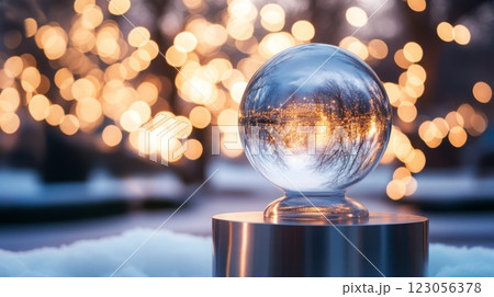 A crystal ball sits on a pedestal, beautifully reflecting a frosty landscape and surrounded by enchanting, warm bokeh lights that create a magical atmosphere during the twilight hours of winter. A crystal ball sits on a pedestal, beautifully reflecting a frosty landscape and surrounded by enchanting, warm bokeh lights that create a magical atmosphere during the twilight hours of winter. 123056378