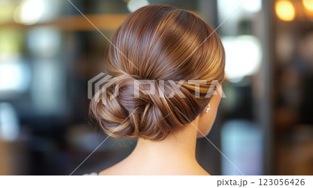 A woman showcases a beautifully styled updo hairstyle designed for special events, highlighting smooth, glossy hair in a contemporary salon atmosphere. A woman showcases a beautifully styled updo hairstyle designed for special events, highlighting smooth, glossy hair in a contemporary salon atmosphere. 123056426