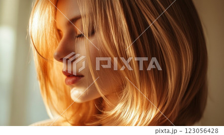 A woman with beautiful golden hair stands quietly, her face softly lit by warm sunlight streaming through a window. A woman with beautiful golden hair stands quietly, her face softly lit by warm sunlight streaming through a window. 123056428