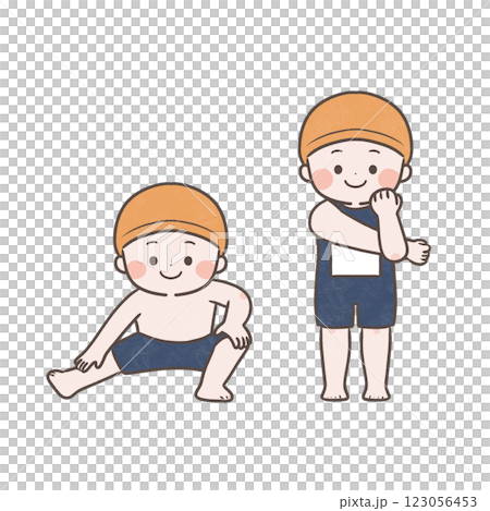 水泳で準備運動をする子供たち 123056453