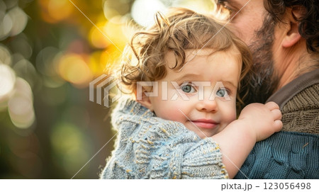 A man is holding a young girl in his arms, both looking towards the camera with expressions of care and affection. 123056498