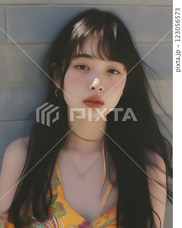 自然な表情を魅せるアジア人女性のファッションポートレート 123056573