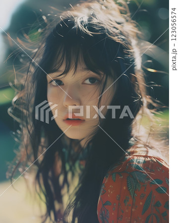 自然な表情を魅せるアジア人女性のファッションポートレート 123056574