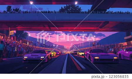 A colorful sunset backdrop highlights a street racing event with numerous cars lined up under a bridge, while enthusiastic crowds gather to cheer. A colorful sunset backdrop highlights a street racing event with numerous cars lined up under a bridge, while enthusiastic crowds gather to cheer. 123056835