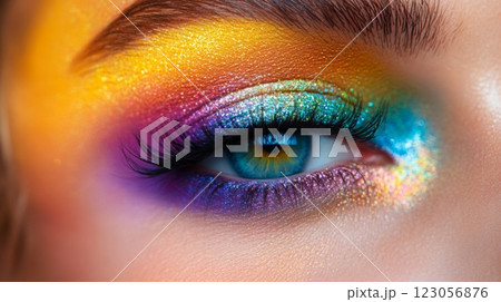 A close-up view showcasing a model's eye adorned with dazzling, colorful makeup featuring shades of yellow, orange, teal, and purple, highlighting artistic beauty. 123056876