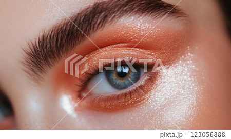 A close-up shot of a person's eye. The eye is blue and has a thick, dark eyebrow. The eyelid is covered in shimmery orange eyeshadow with a white highlight on the inner corner. 123056888