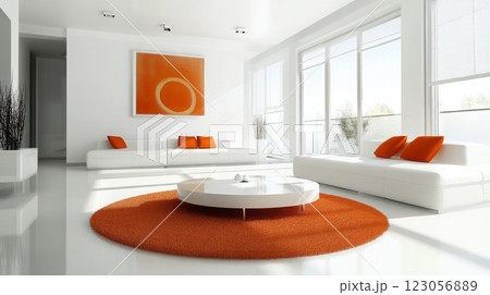 A contemporary living room showcases sleek white sofas and bright orange cushions against a large circular rug, enhanced by ample natural light filtering through expansive windows. 123056889