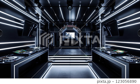 A modern nightclub DJ booth with sleek black surfaces and bright LED lighting. The booth is positioned in front of a stage with a screen displaying an image. 123056890
