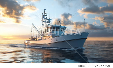 A fishing boat sails across tranquil waters as the sun sets, casting vibrant colors across the sky and reflecting on the surface. 123056896