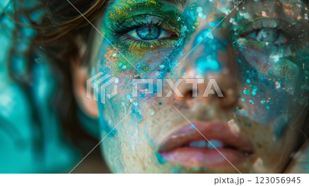A woman's face with blue eyes is covered in shimmering blue and green glitter makeup. Her lips are slightly parted, and she has a look of wonder on her face. A woman's face with blue eyes is covered in shimmering blue and green glitter makeup. Her lips are slightly parted, and she has a look of wonder on her face. 123056945