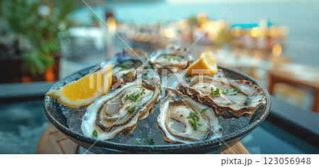 A platter of fresh oysters on ice garnished with lemon slices awaits diners at a coastal restaurant during a beautiful sunset. 123056948