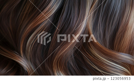 Richly textured hair displays luscious waves with a blend of caramel and chestnut highlights. The warm tones flow seamlessly, highlighting the beauty of natural waves in exquisite detail. 123056953