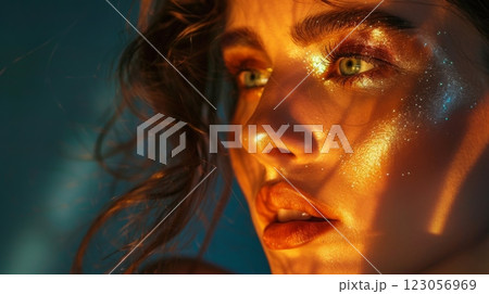 A close-up of a woman's face, bathed in golden light. Her eyes are partially visible, with a hint of green, and her lips are painted a bright orange. 123056969
