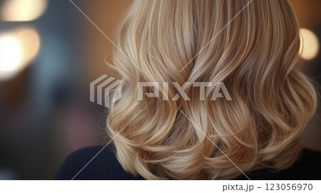 The back view showcases wavy, shiny blonde hair in soft, relaxed curls, illuminated by warm hues from ambient light, creating a serene and inviting atmosphere at an indoor event. 123056970