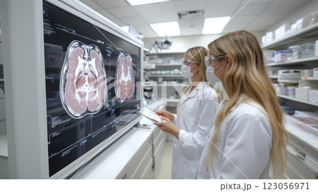 Two lab technicians review detailed brain scans on a large screen while discussing findings in a modern medical facility. 123056971