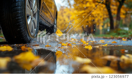 A car drives through a puddle on a tree-lined street, sending water splashing around fallen autumn leaves. The vibrant colors of the leaves enhance the beauty of the rainy day setting. 123056977