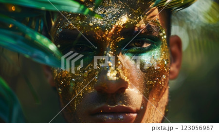 A man's face is covered in gold glitter makeup, with green eyeshadow. He is standing in a forest, surrounded by lush foliage. 123056987