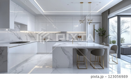 A stylish kitchen features sleek marble countertops and a large island with chic bar stools. Natural light fills the space through expansive windows, highlighting the contemporary design elements. 123056989