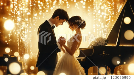 A couple shares an intimate dance, hands clasped, illuminated by golden lights, with a grand piano in the background. A couple shares an intimate dance, hands clasped, illuminated by golden lights, with a grand piano in the background. 123056990