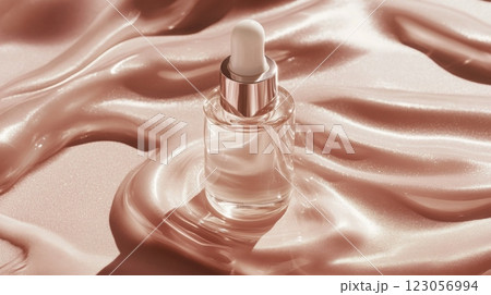 A glass serum bottle with a dropper sits gracefully on a reflective, silky surface, illuminated by soft, warm light, creating an inviting and luxurious ambiance that highlights its contents. 123056994