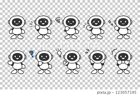 いろいろな表情･ポーズをするAIロボットの全身セット【ベクターイラスト素材】 123057195