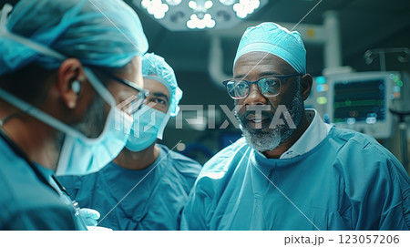 a group of surgeons in special blue clothes stand around an operating table 123057206