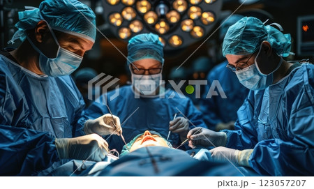 a group of surgeons in special blue clothes stand around an operating table 123057207