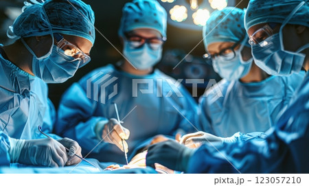 a group of surgeons in special blue clothes stand around an operating table 123057210