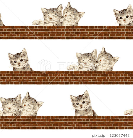 手描きで描いた可愛い猫のシームレス柄, 123057442