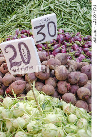 インド_野菜や果物を売る露天商の風景 インド_野菜や果物を売る露天商の風景 123057751