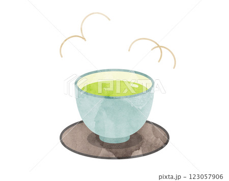 茶托とお茶の注がれた湯呑のイラスト　水彩風加工バージョン 123057906