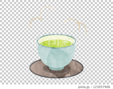 Illustration of a teacup with tea in it and a tea tray, watercolor version 123057906